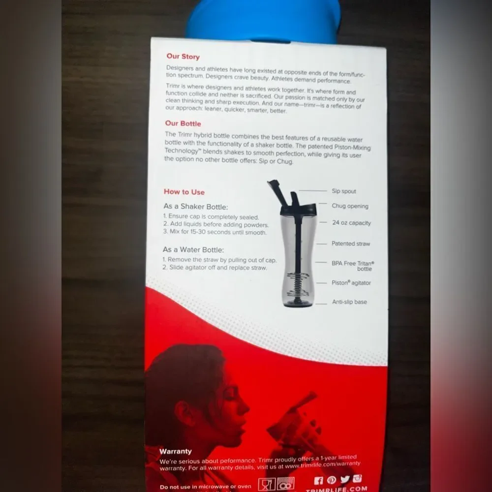 NWT Trimr Water + Protein Shaker Bottle Sip Straw Chug Spout Blue Royal Workout